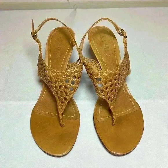 Lauren Ralph Lauren Shoes - Lauren Ralph Lauren Nadia Brown Tan Leather Woven Sandal Strap Heel Womens Sz 9B